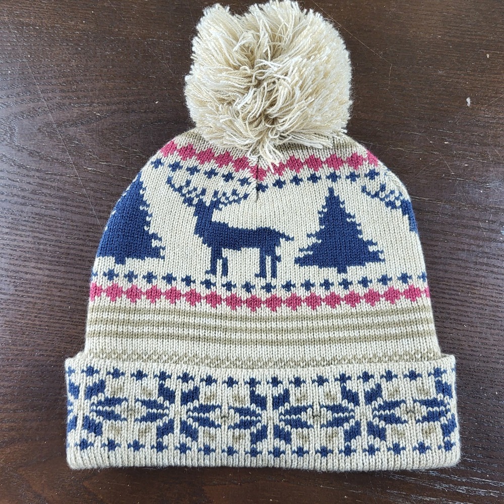 Cotton On Kids Beanie Hat Nordic Style Reindeer Beige Navy Pom Pom One Size